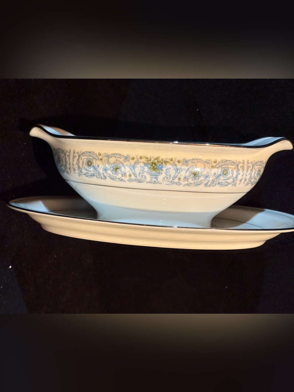 Noritake Ivory Chine Gravy Boat with Silver Trim and Attached Saucer Monteleone